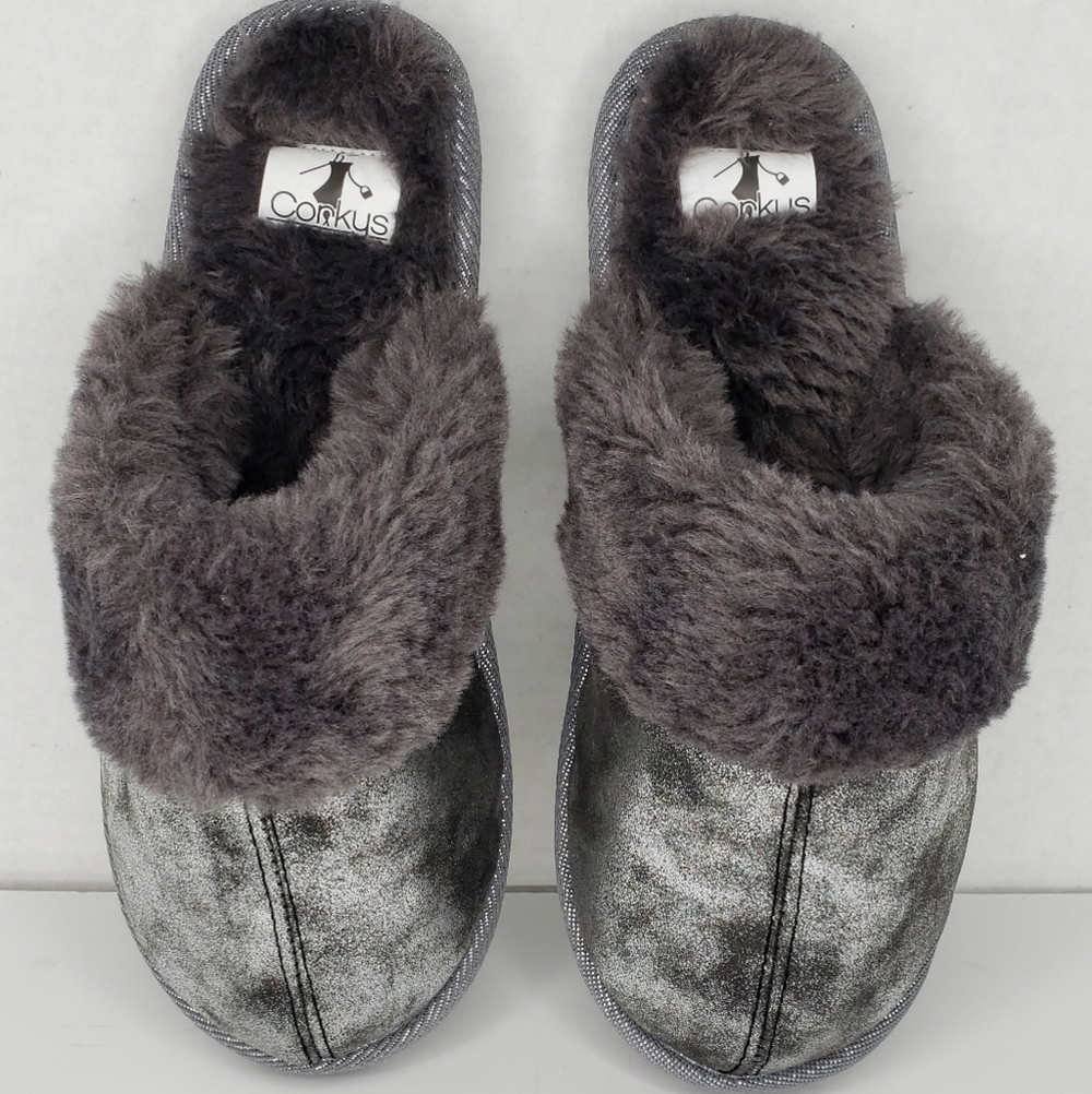 Corky Snooze Slippers Metallic Gray Distressed Slipper sz 6 Cute Comfy Warm Soft